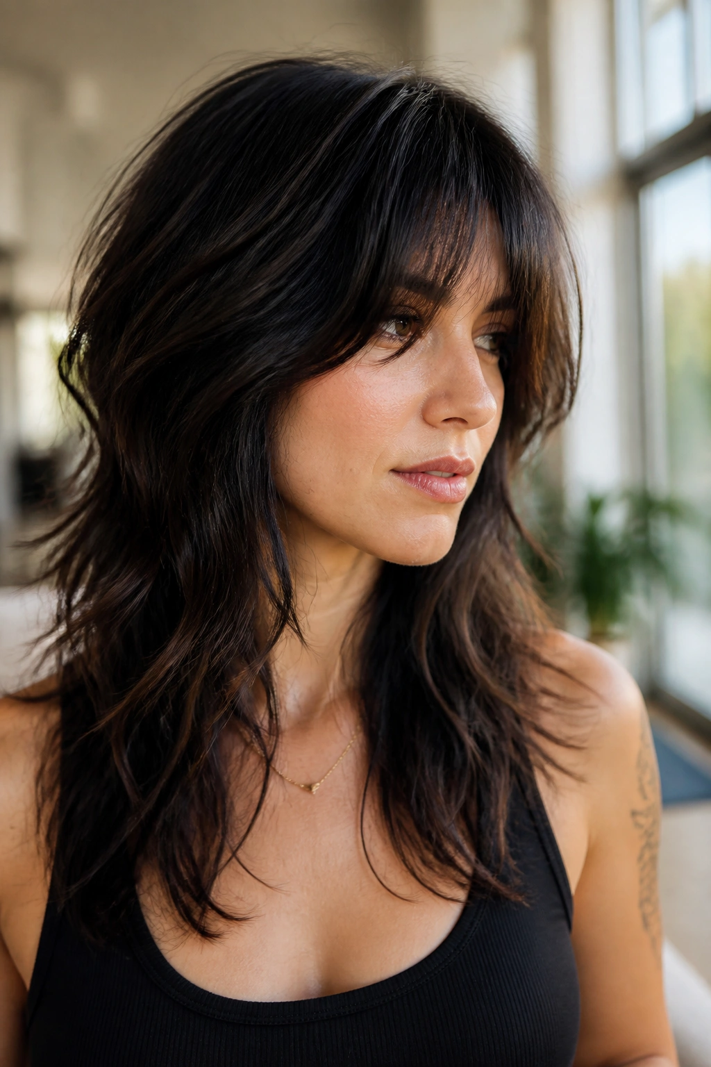 Close-up portrait showing razor-cut wolf cut on thick hair