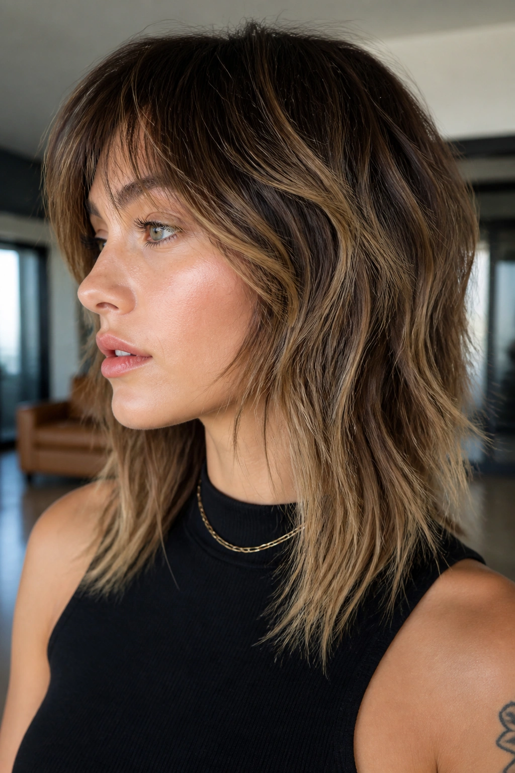 Real person with razor-cut wolf cut showing feathered ends in soft ambient light