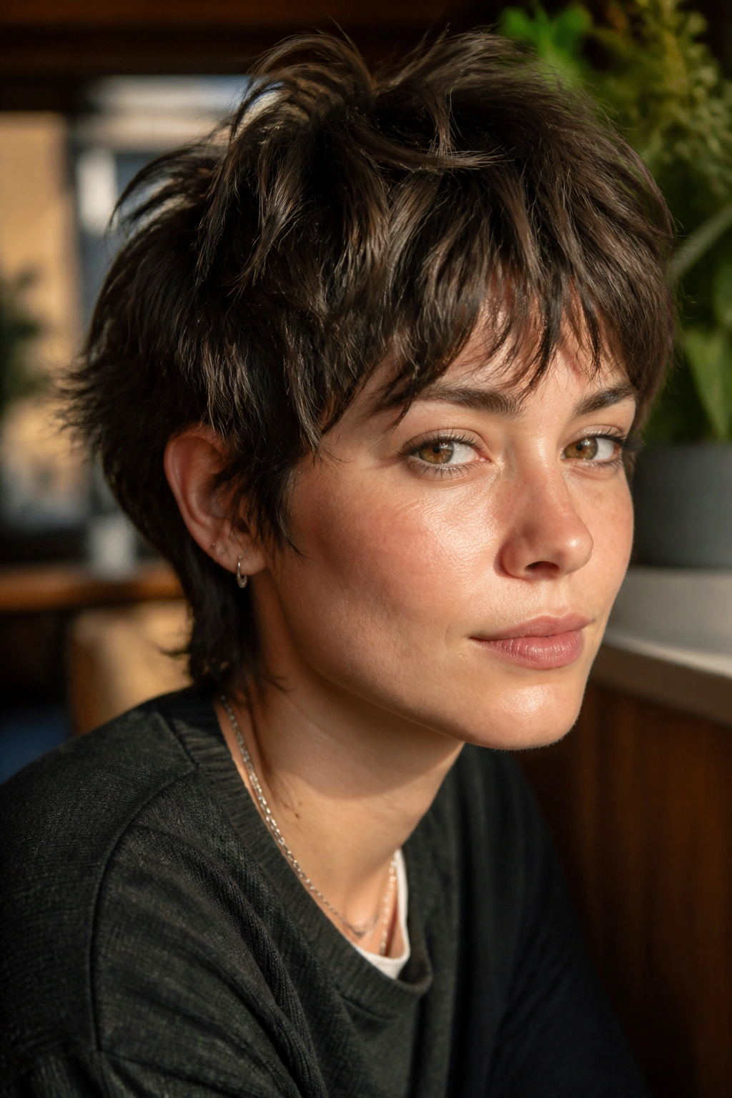 Real woman with razor-cut wolf pixie showing lighter, shredded texture.