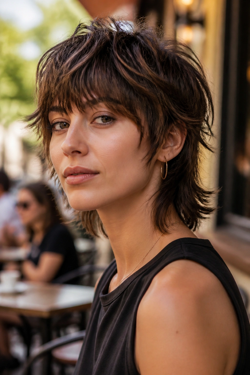 Real person with razor-cut wolf shag hairstyle in sunlit cafe setting