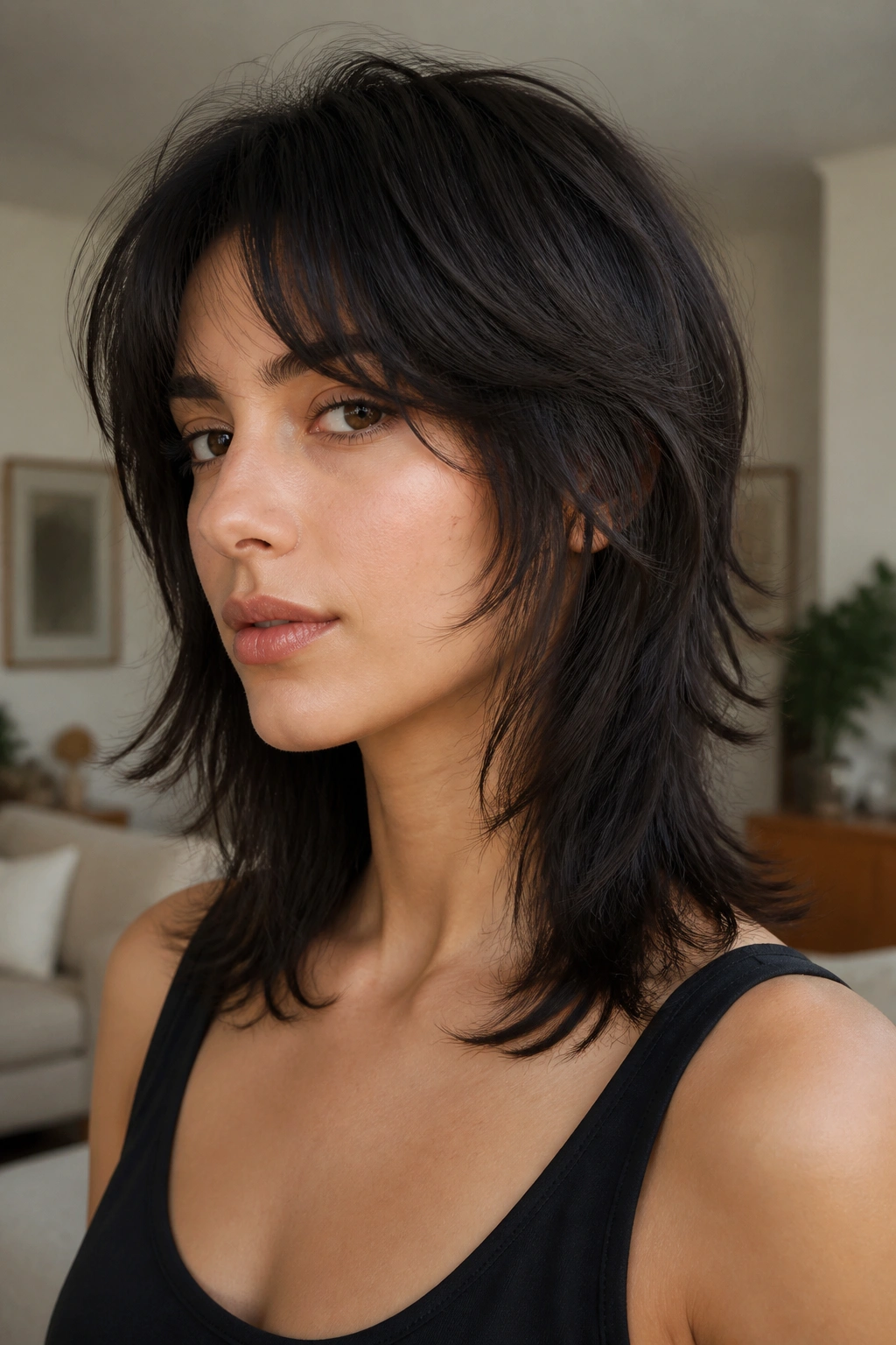 Close-up portrait of a real person with razor-edge wolf cut showing feathered ends