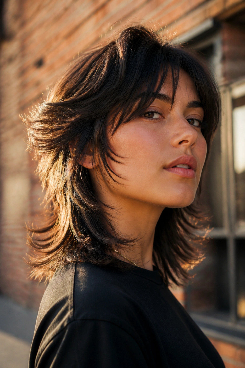 Close-up of a real person with razor-edged wolf cut and feathered ends in golden-hour outdoor light.