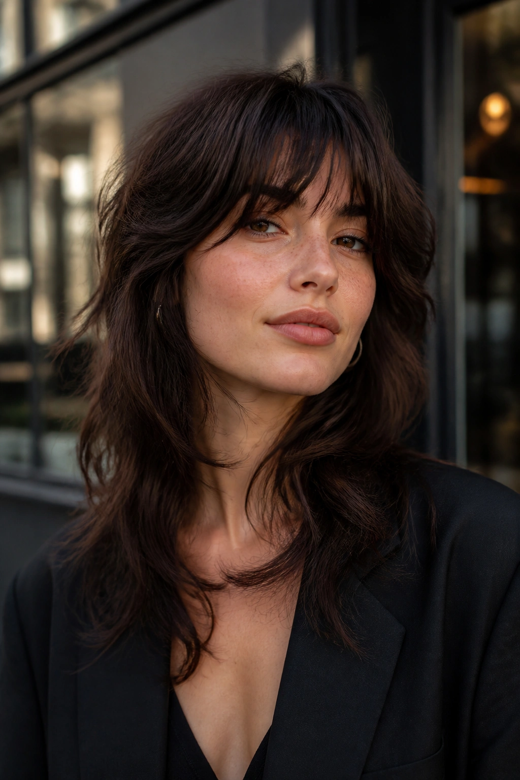 Real woman with razor-feathered wolf cut on thick hair in outdoor setting