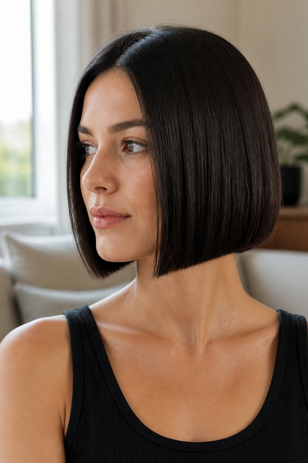 Close-up of a real person with a razor-free straight bob and crisp perimeter