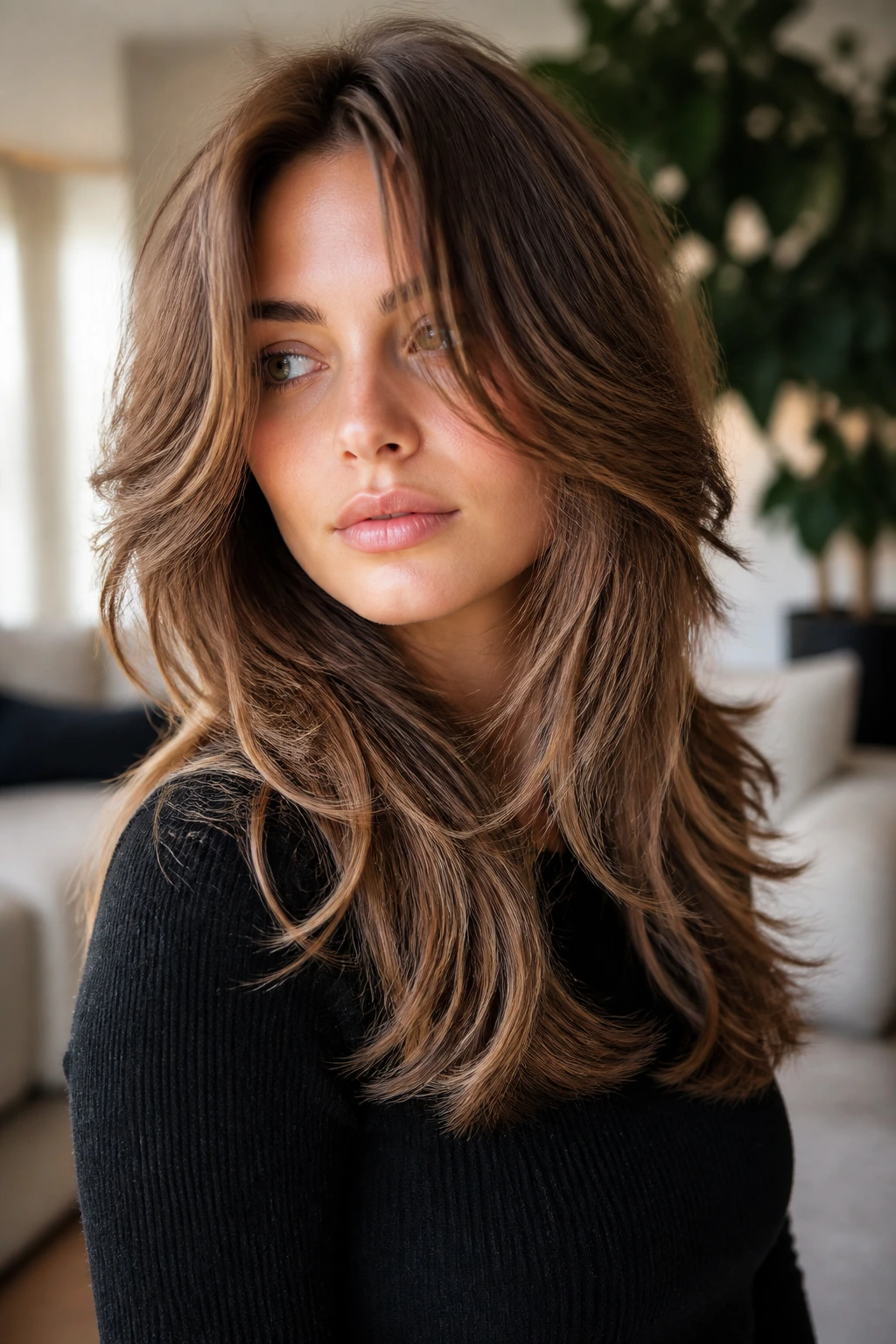 Portrait of a real woman with razor-cut layers creating movement in long hair.