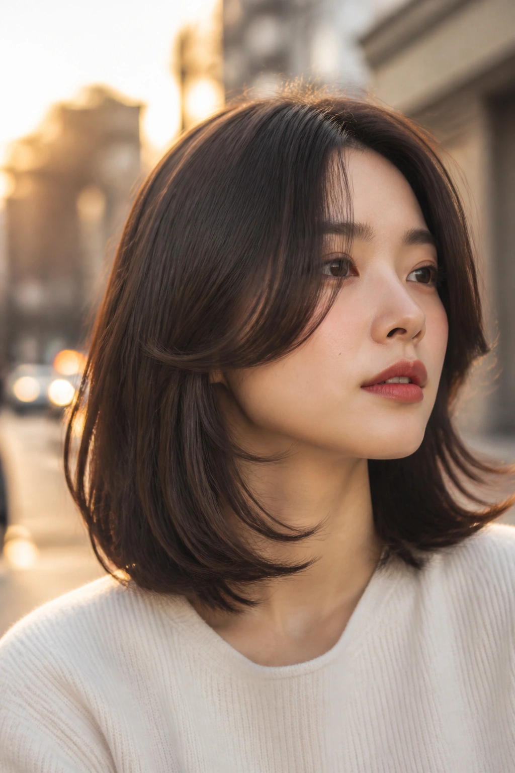 Close-up of a real woman with a soft razor lob and face-framing flicks.
