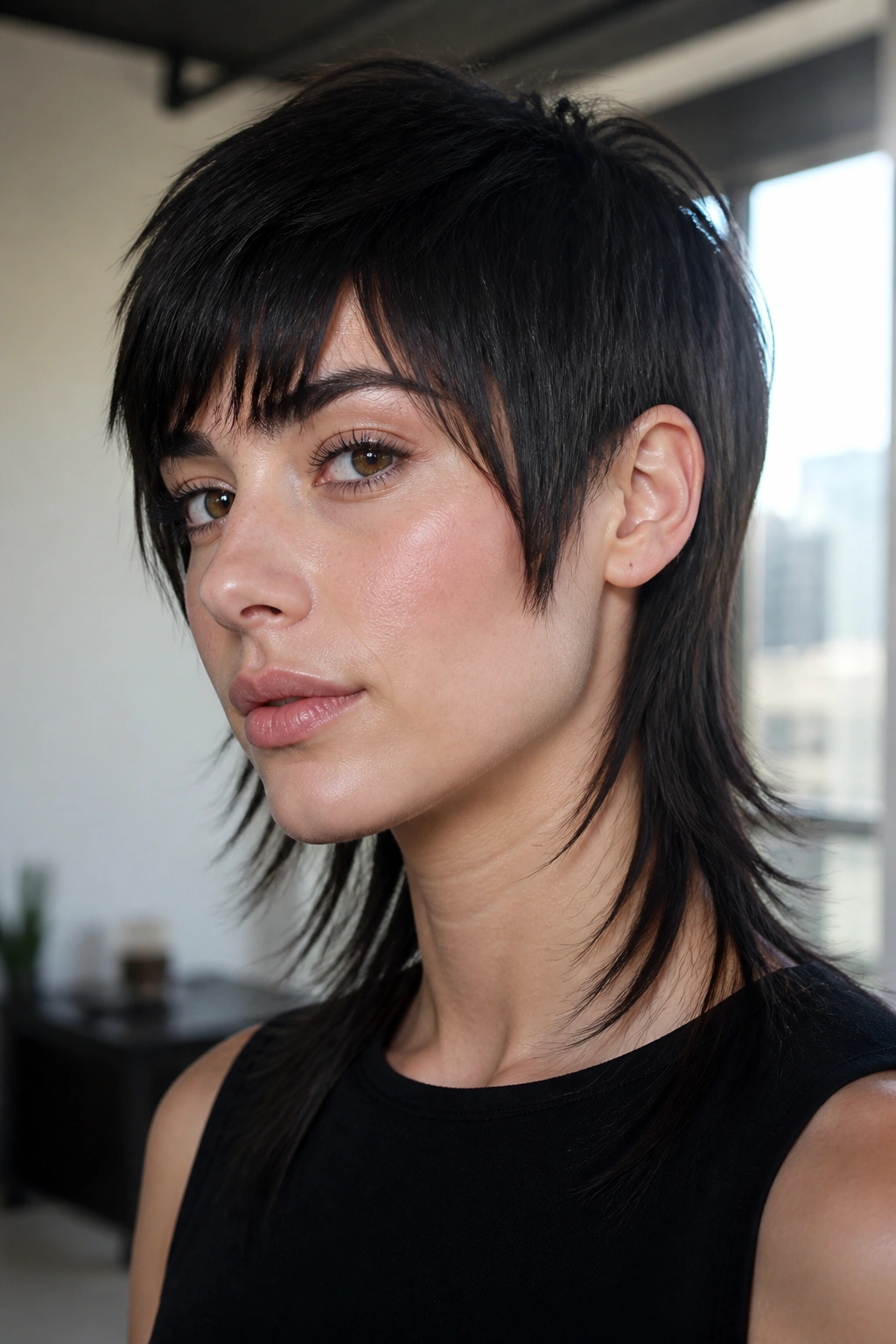 Close-up of a real woman with Sleek Razor Mullet, sharp edges and smooth top layers.