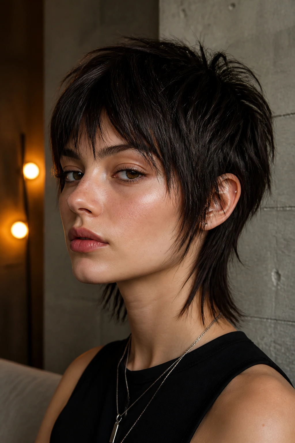Close-up portrait of a person with razor-piecey pixie wolf haircut showing jagged ends