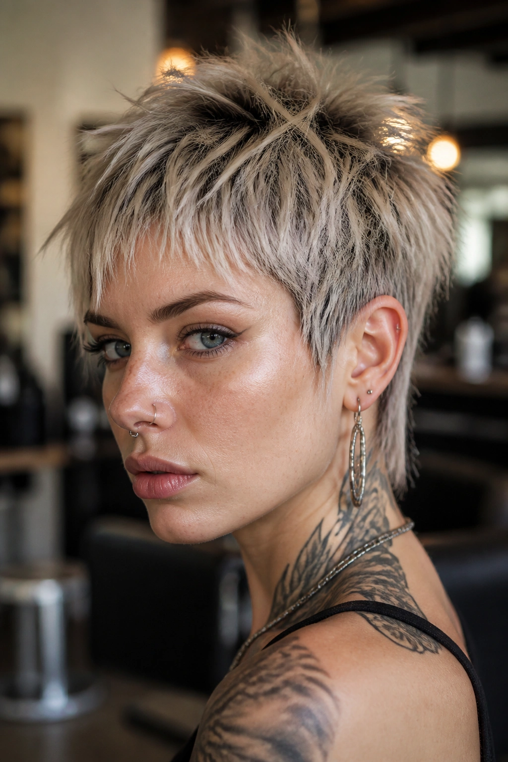 Close-up portrait of a woman with a choppy razor pixie, textured crown and feathered ends in warm salon light