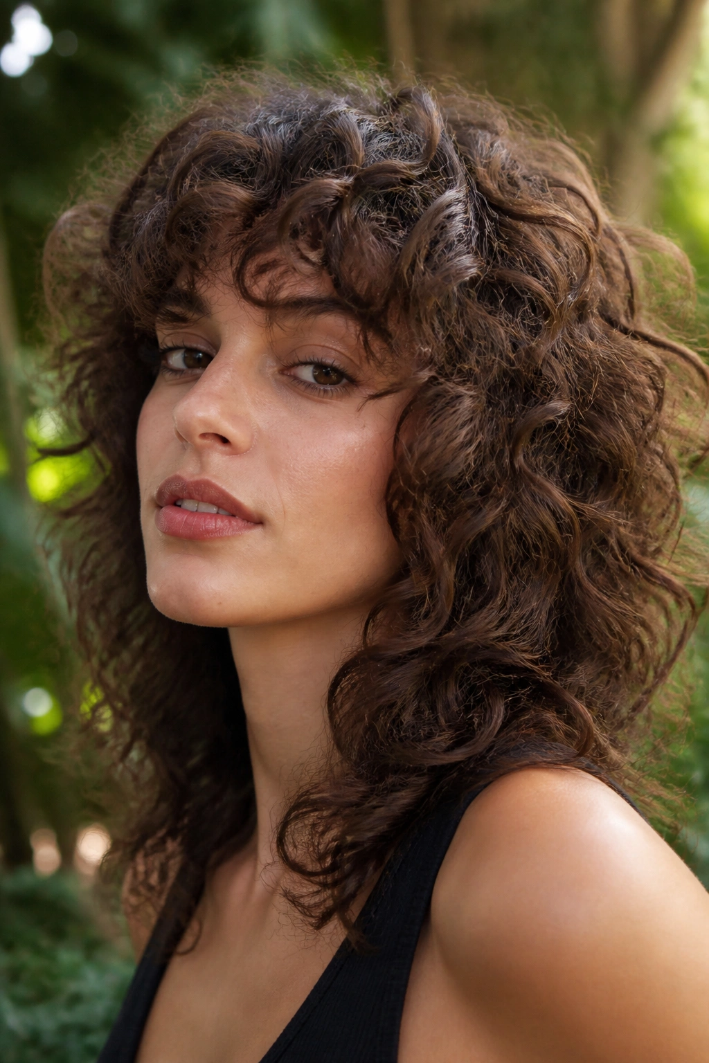 Close-up of a real woman with razor-refined curly shag for frizz-prone hair in a park
