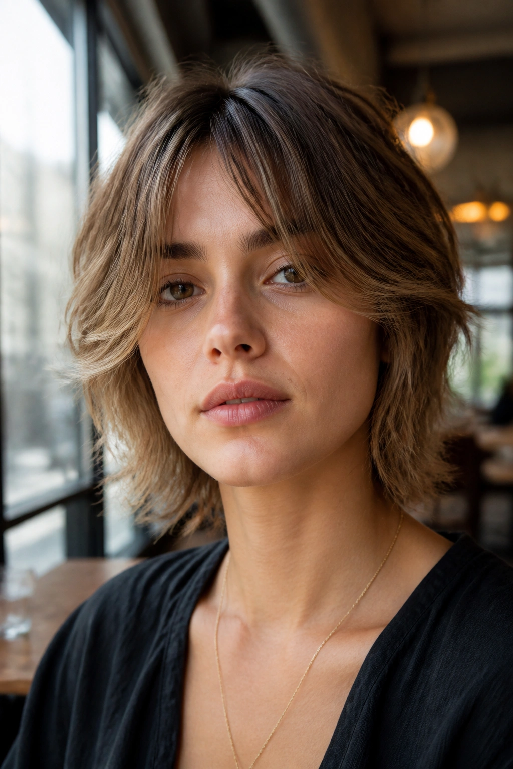 Close-up portrait of a person with Razor Shag and Curtain Bangs