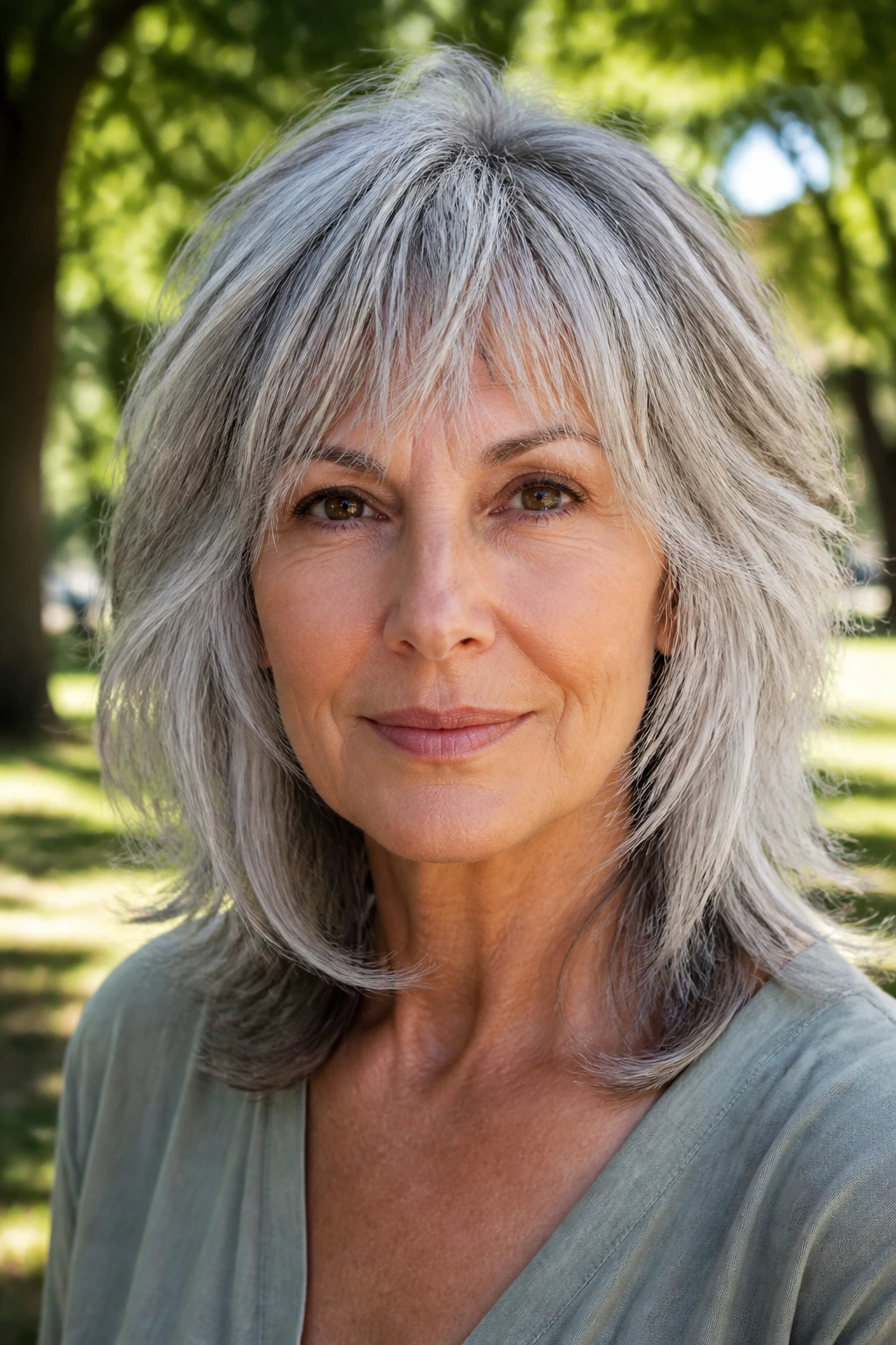 Close-up of a real woman with a mid-length razor shag in gray hair