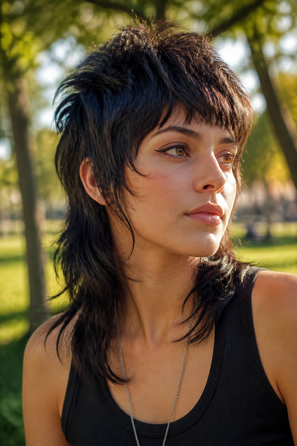 Close-up of a real woman with razor-cut crown wolf mullet
