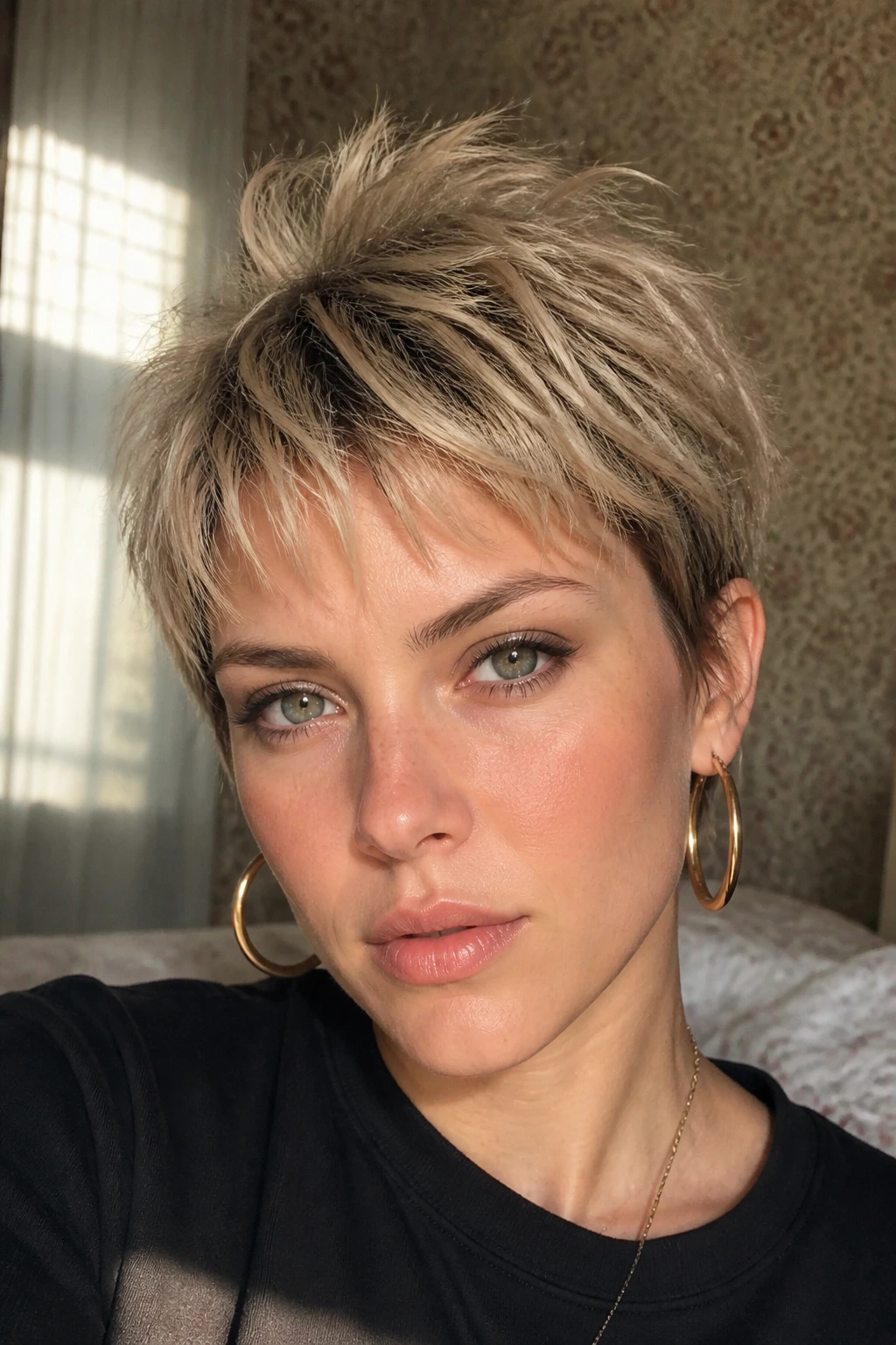 Close-up portrait of a real woman with razor-shag pixie showing feathered texture in warm window light