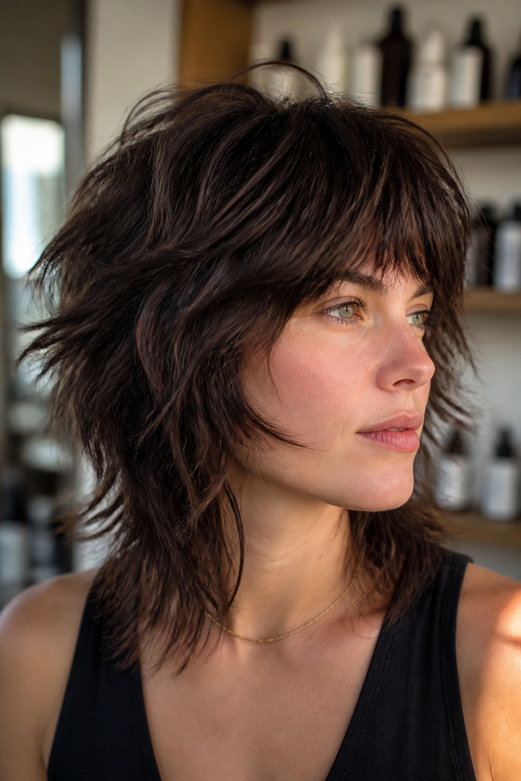 Close-up portrait of a real person with razor shag on thick hair and softened ends