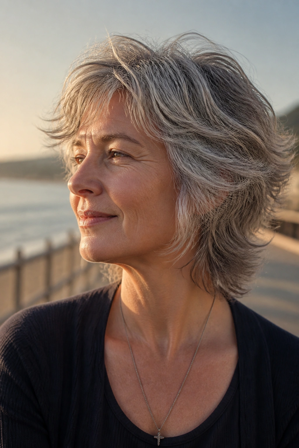 Close-up of a real woman with a razor-cut shag and waves