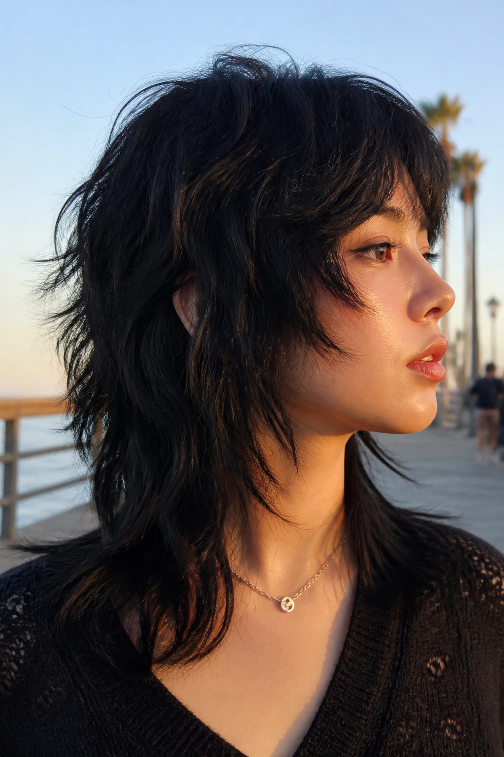 Close-up portrait of a real person with razor-sharp black wolf cut on wavy hair.