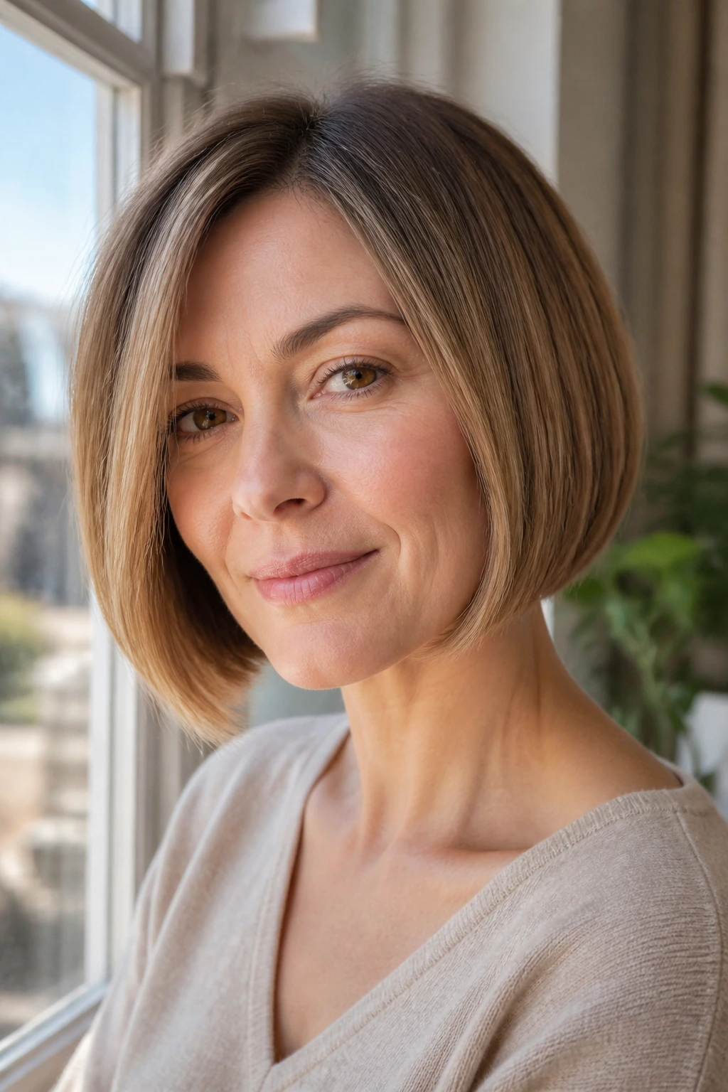 Close-up of a real woman with a razor-soft bob and strong baseline