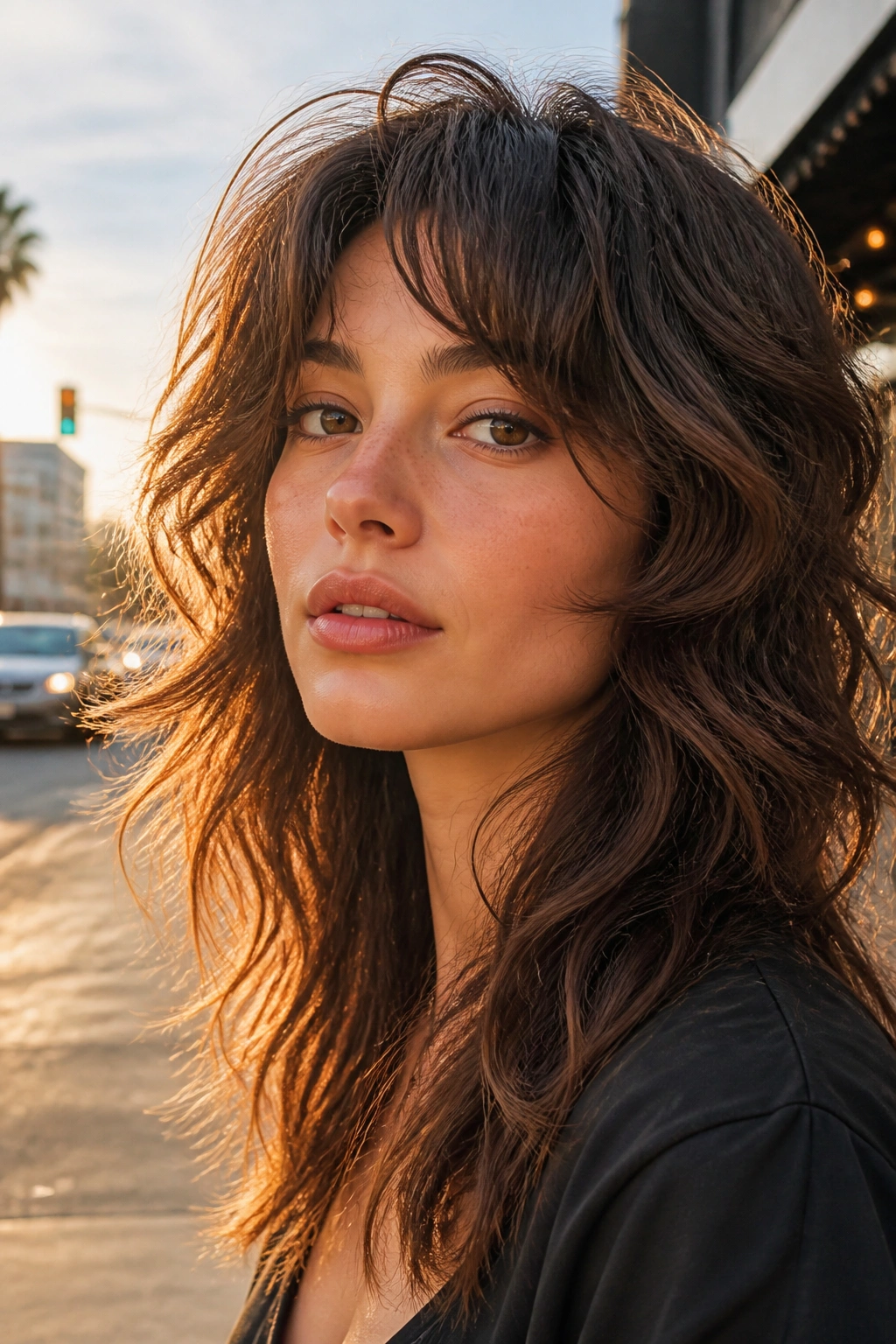Portrait of a real woman with razor-soft butterfly wolf cut and loose waves, natural sunlight.