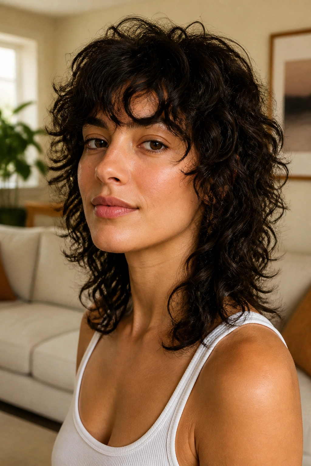 Close-up portrait of a real person with razor-soft curly shag showing broken-up ends