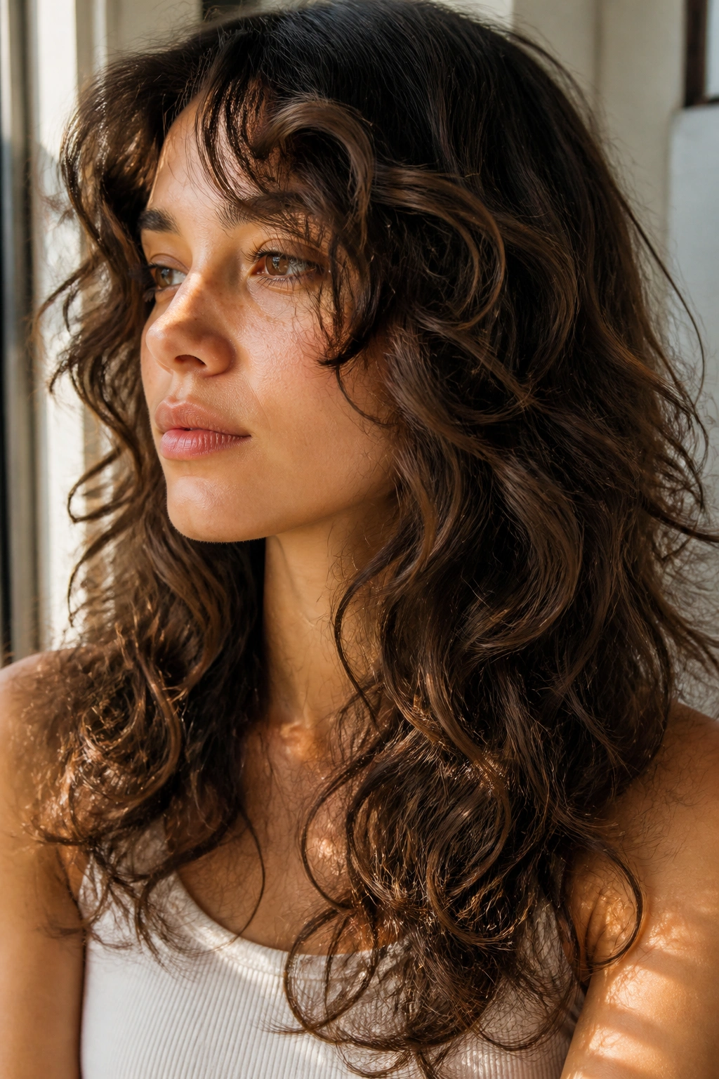 Close-up of a real person with wave-curly hair and razor-softened ends.
