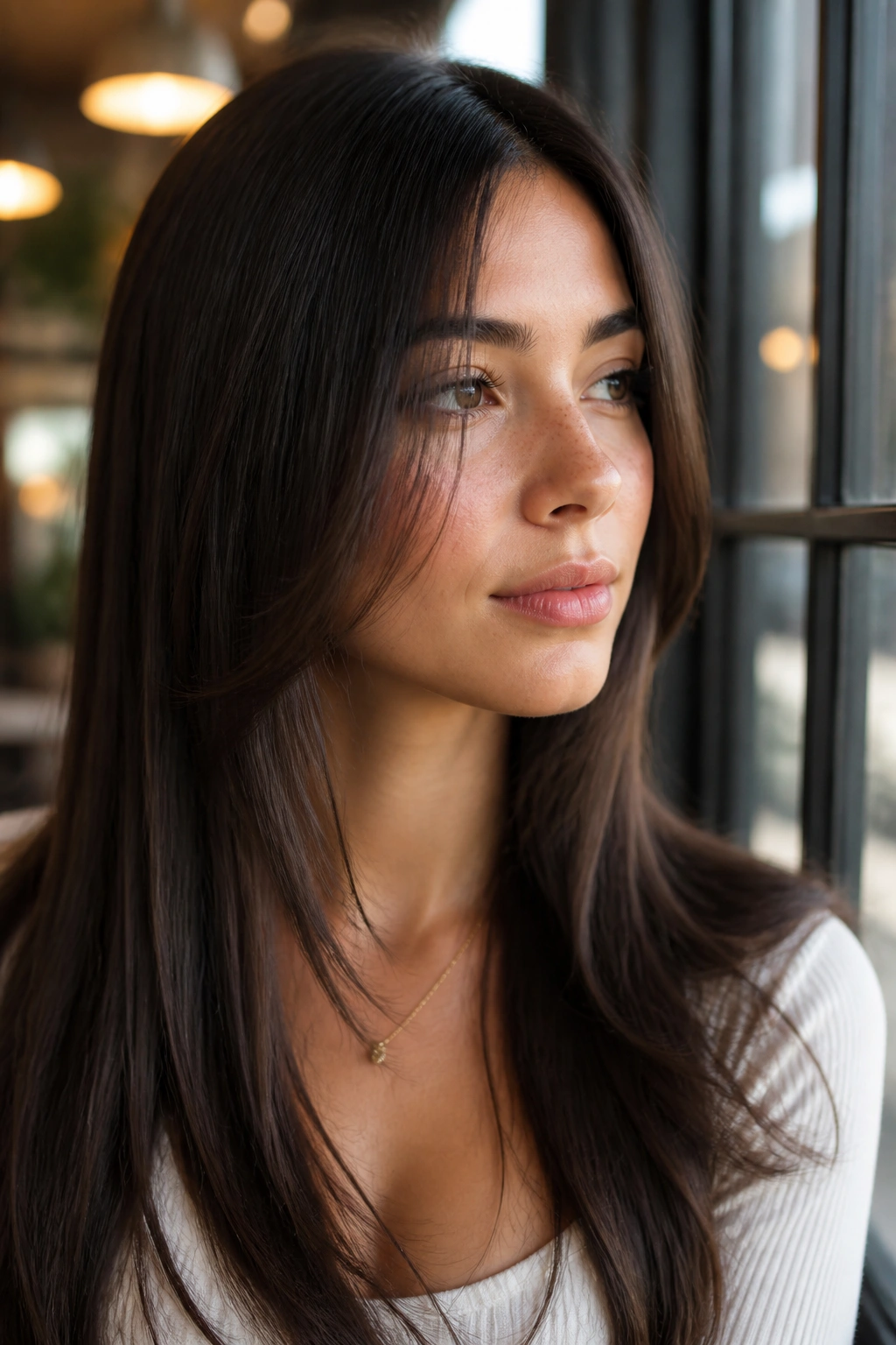 Close-up of a real woman with straight hair and razor-soft front pieces in a cafe setting