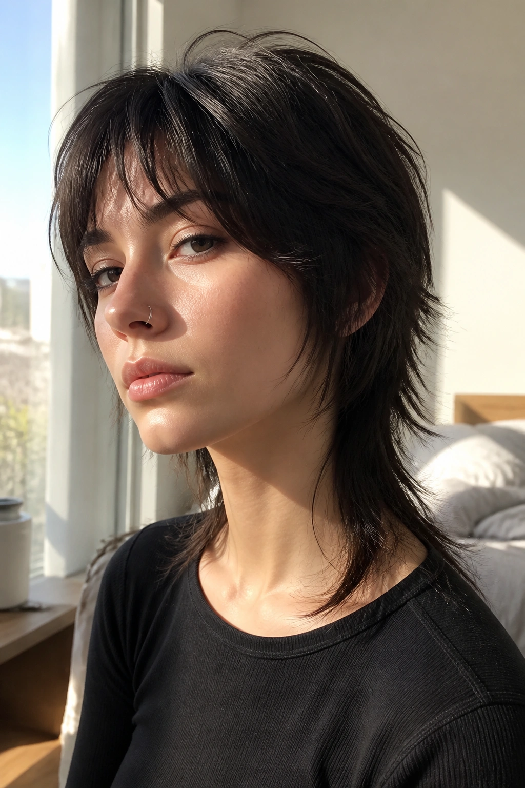 Real person with razor-soft layered mullet on straight hair