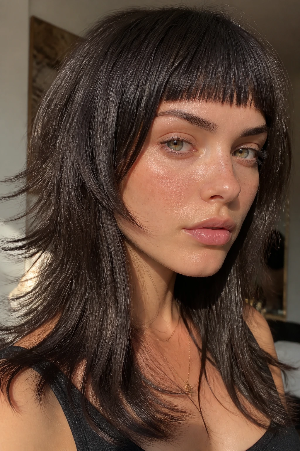 Close-up of a real person with razor-textured hair and a narrow fringe