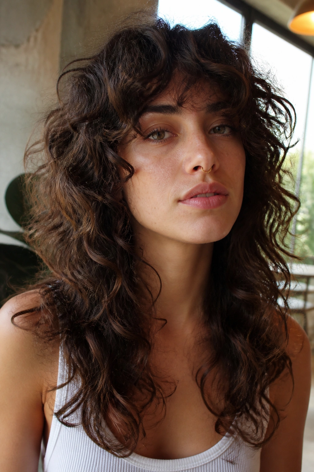 Close-up of real woman with razor-textured curly shag showing textured ends