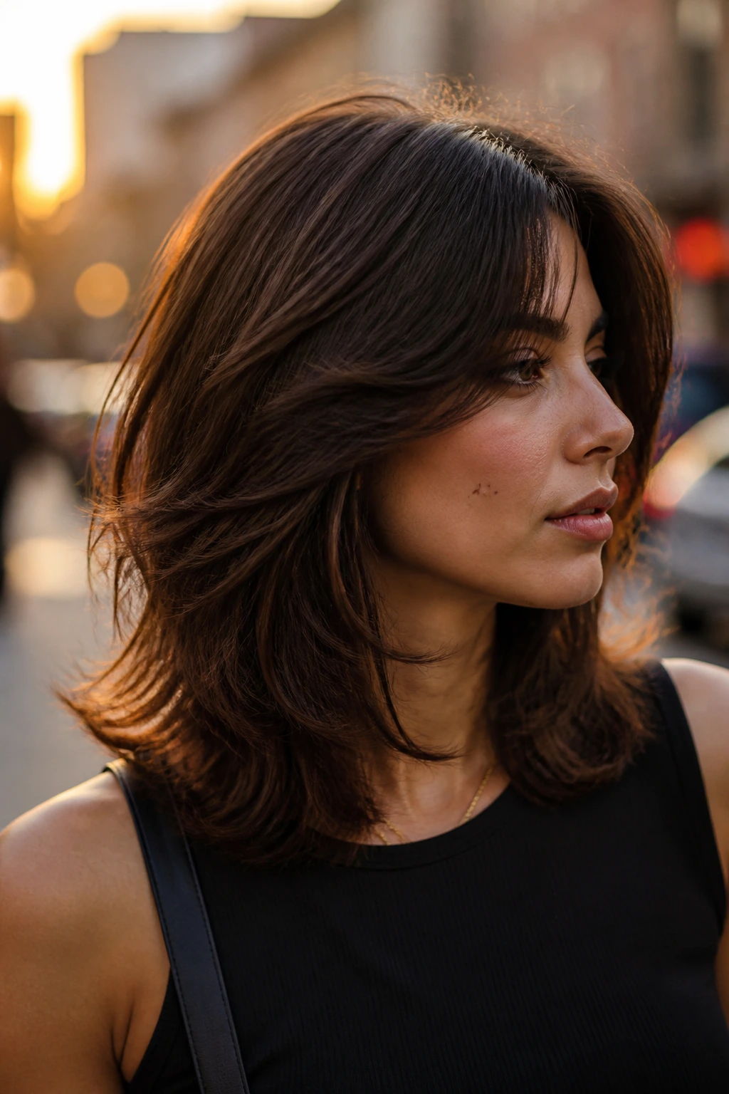 Profile portrait of a real woman with razor-textured layers creating a soft edge