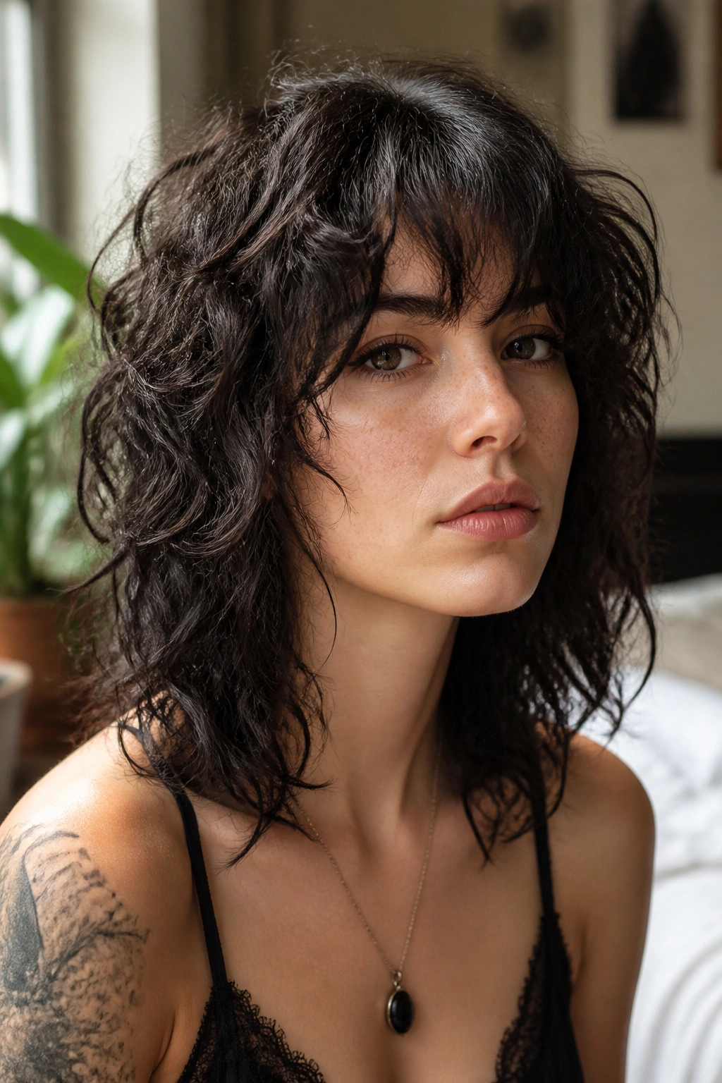 Close-up portrait of real person with razor-textured mid-length curls at collarbone in warm window light