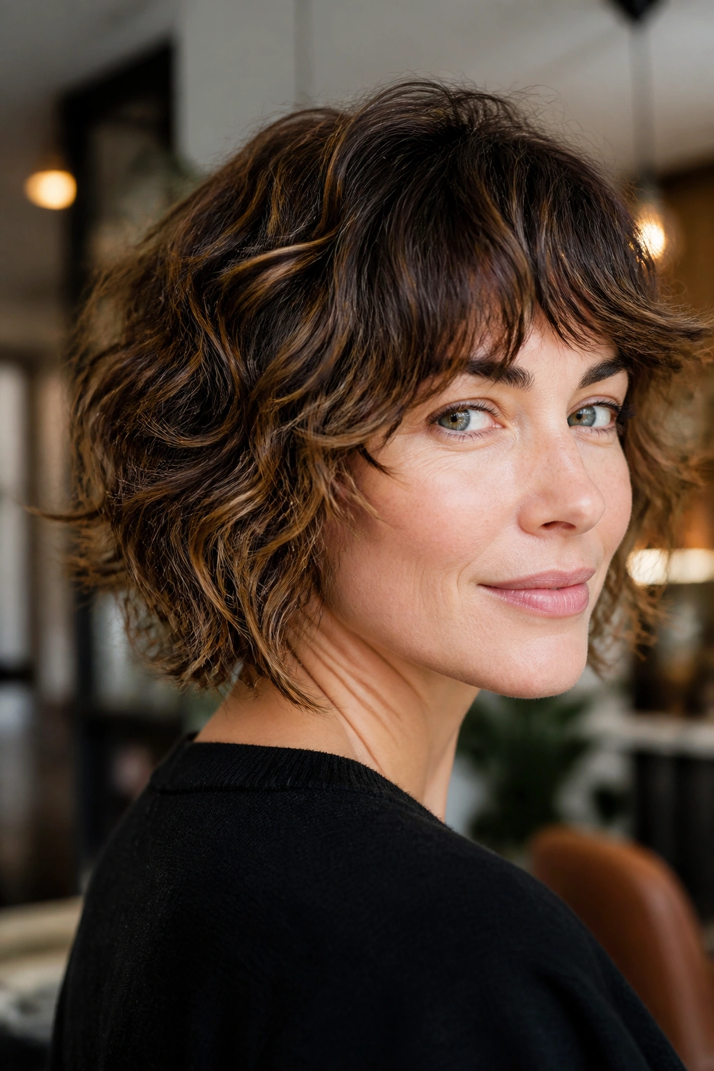 Portrait of a real person with razor-textured ends on fine-wavy hair