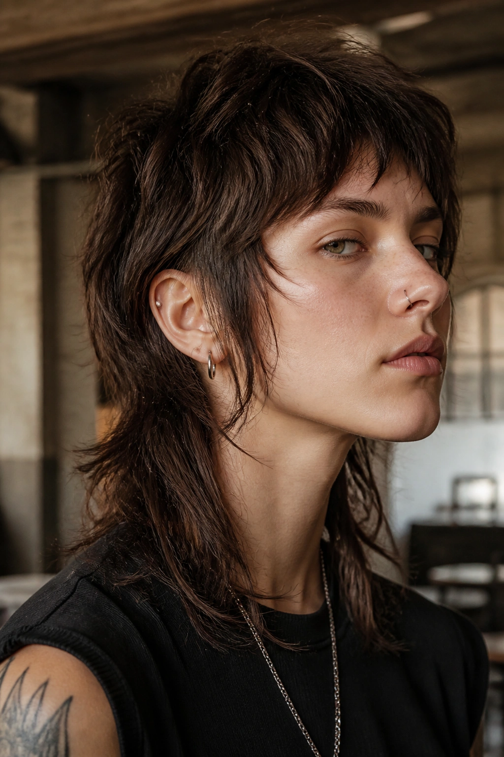 Close-up of a real person with a razor-textured wolf cut in an industrial setting