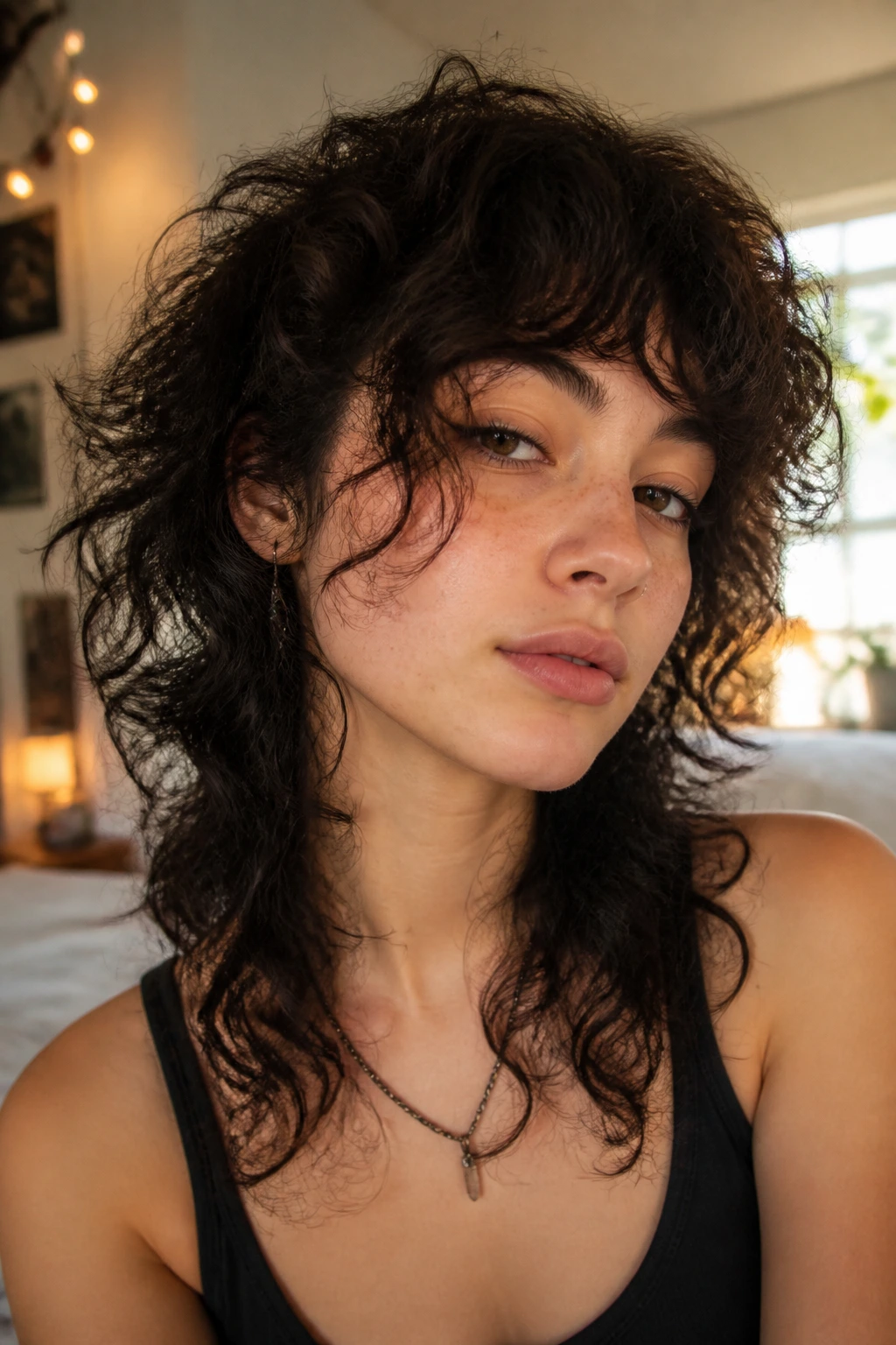 Close-up portrait of a real person with razor-textured face-framing wolf cut in a cozy bedroom.