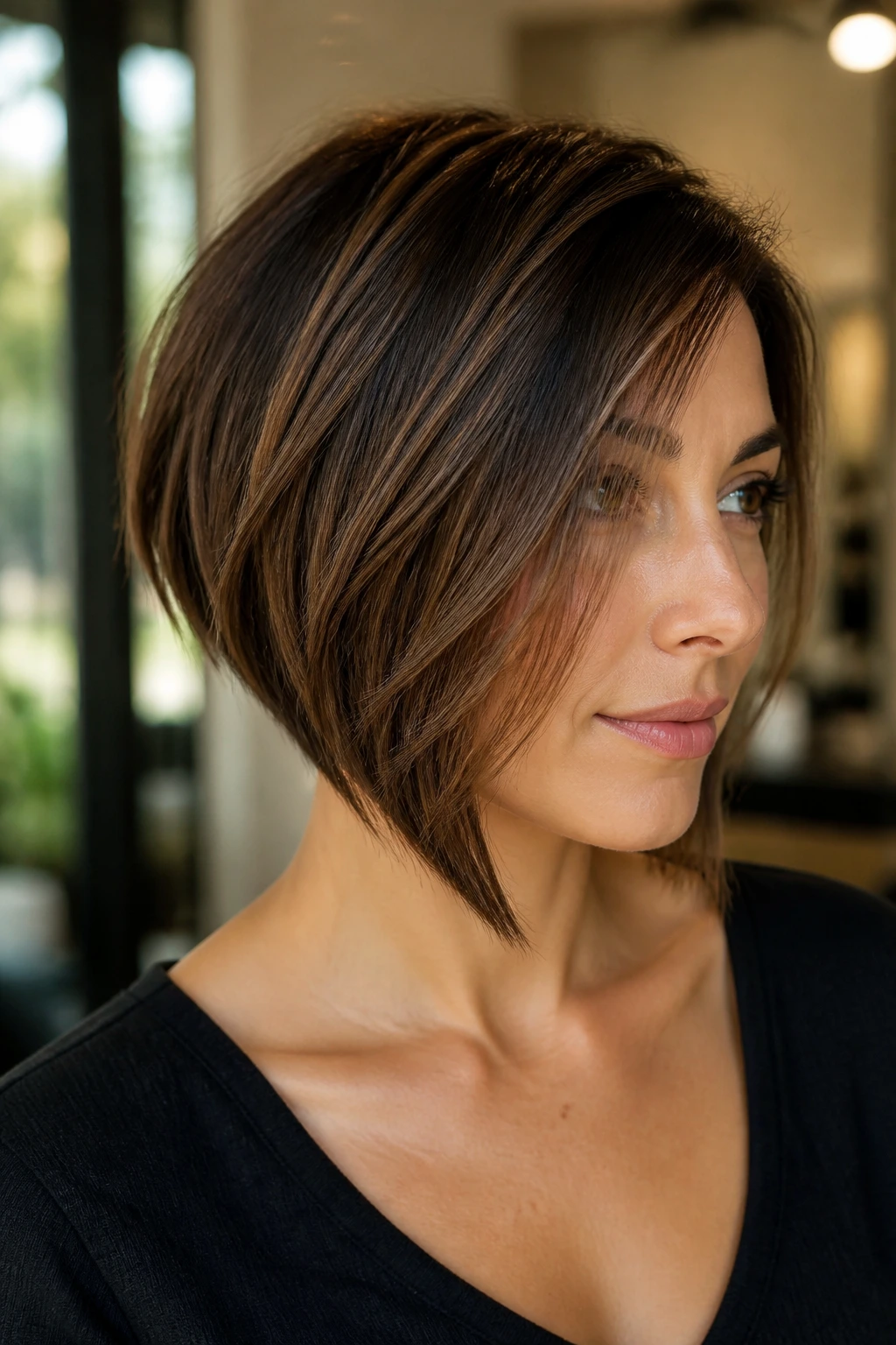 Close-up of a real woman with razor-textured angled bob and feathered ends