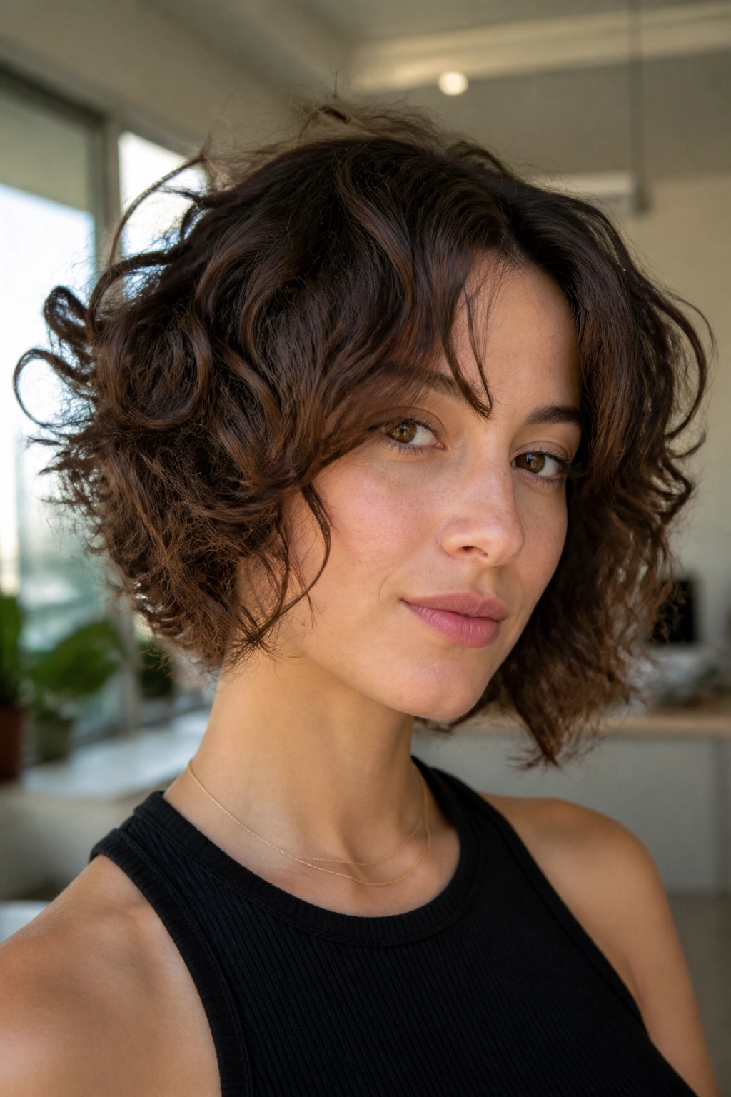 Portrait of a real woman with Razored Asym Bob with Curtain Bangs
