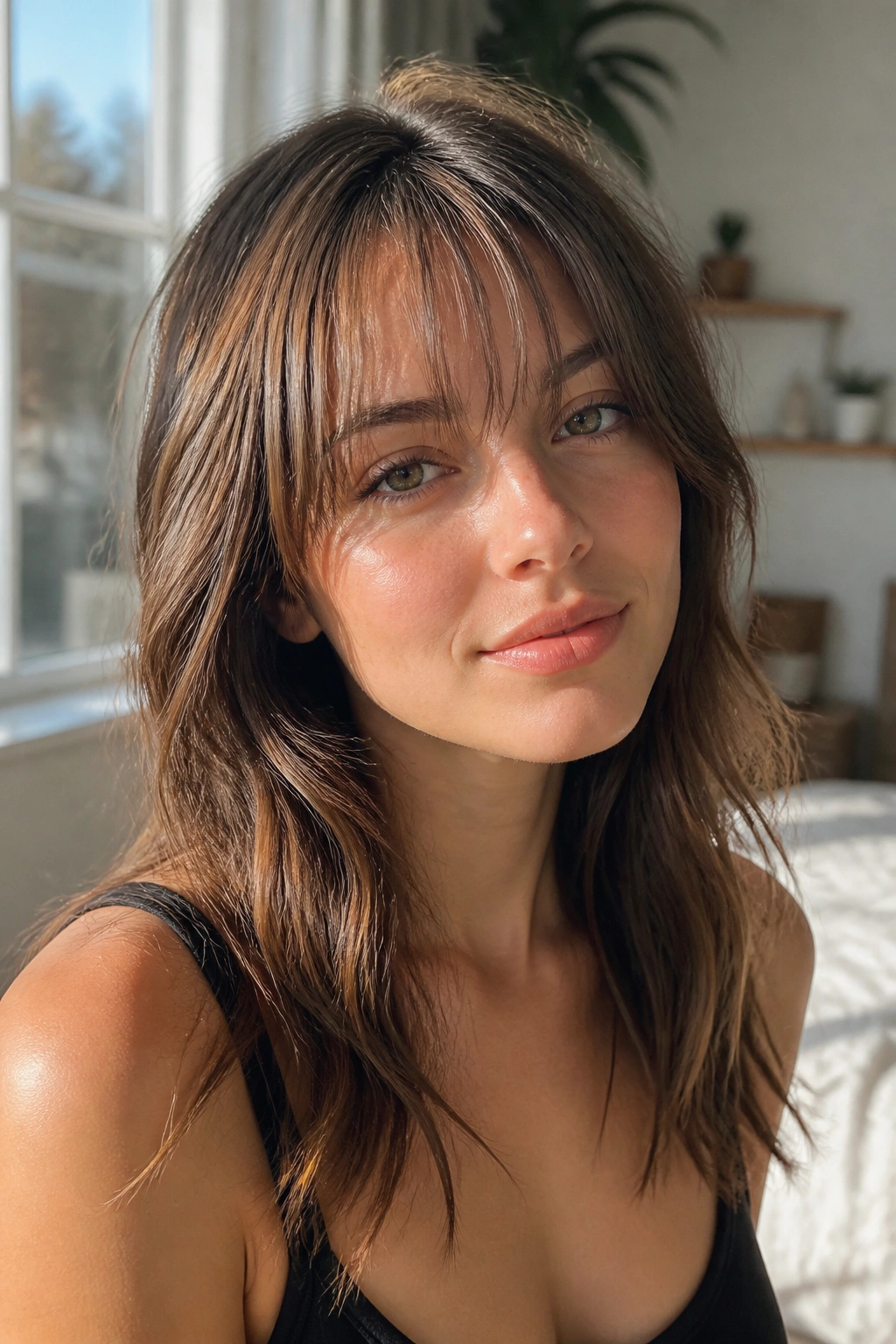 Close-up of a real woman with feathered see-through bangs in natural window light