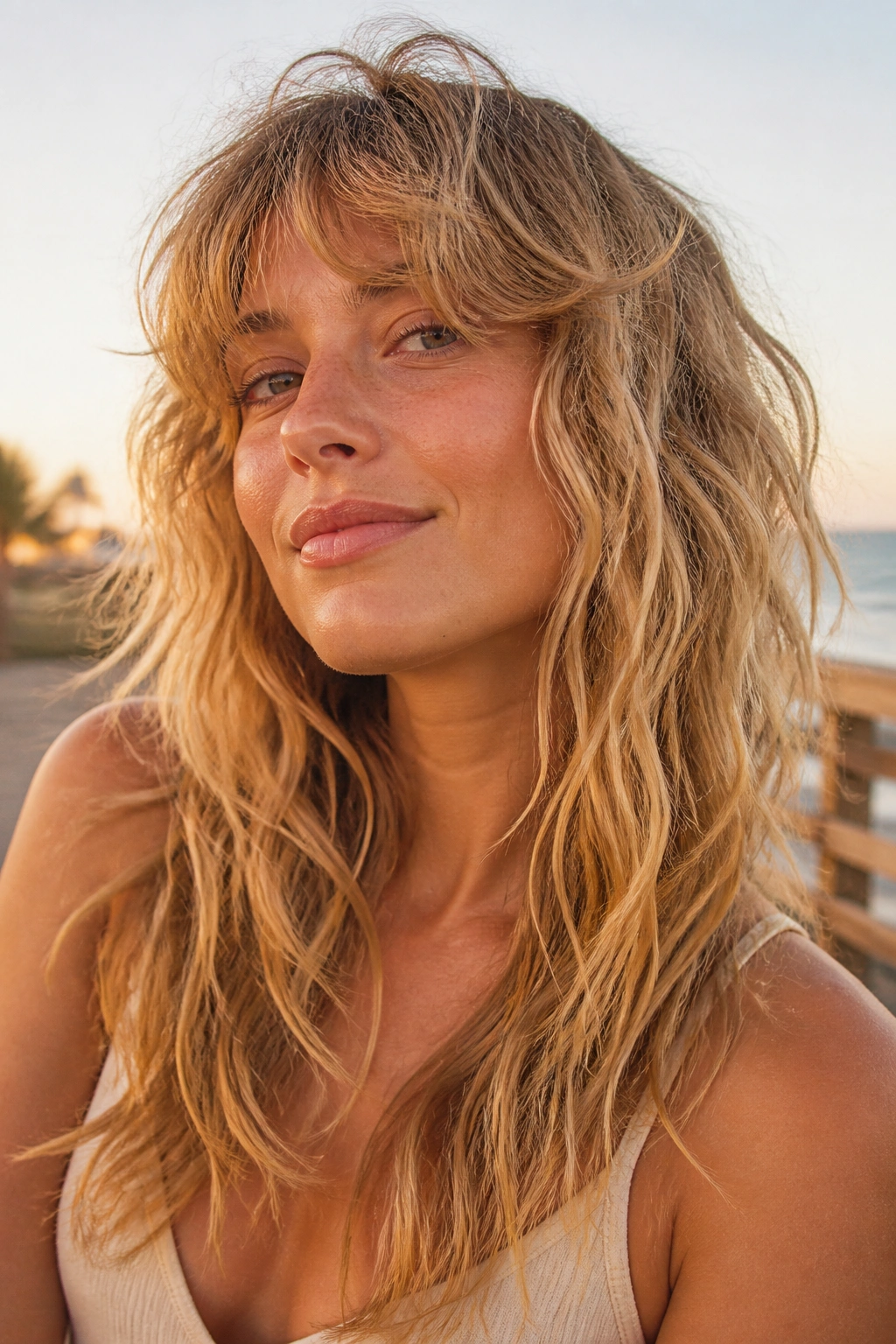 Portrait of a woman with razored beach shag and airy ends on a windy beach