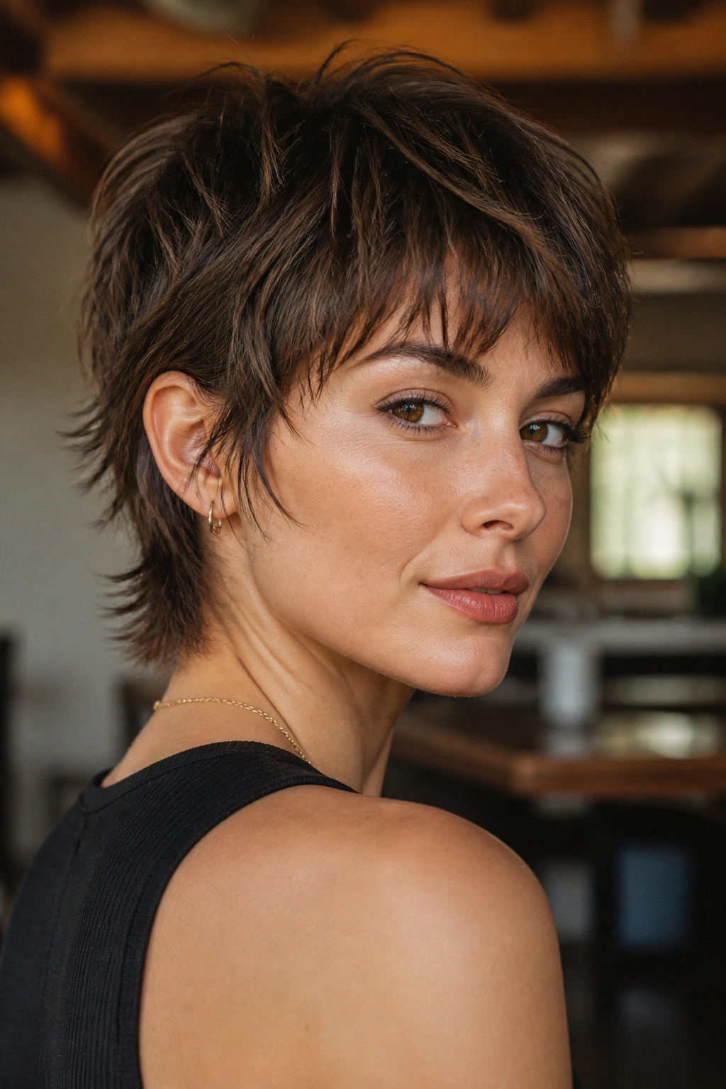 Close-up of a real woman with a razored bixie shag in a modern interior