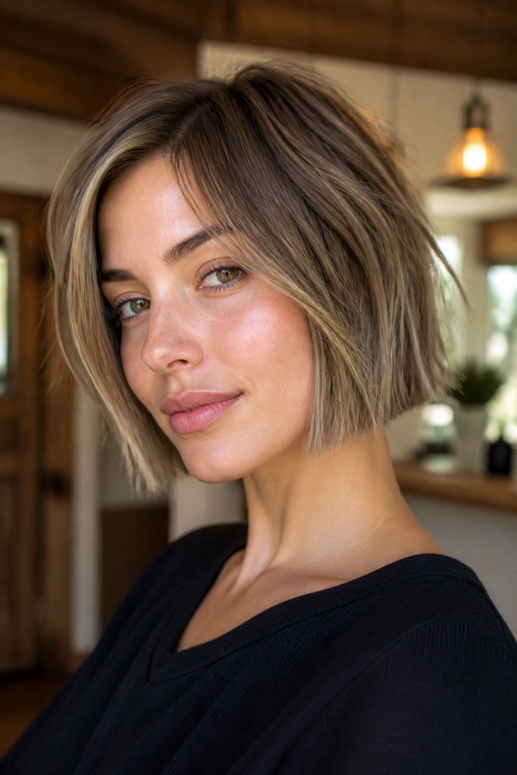 Close-up portrait of a real person with a razored bob showing feathered ends