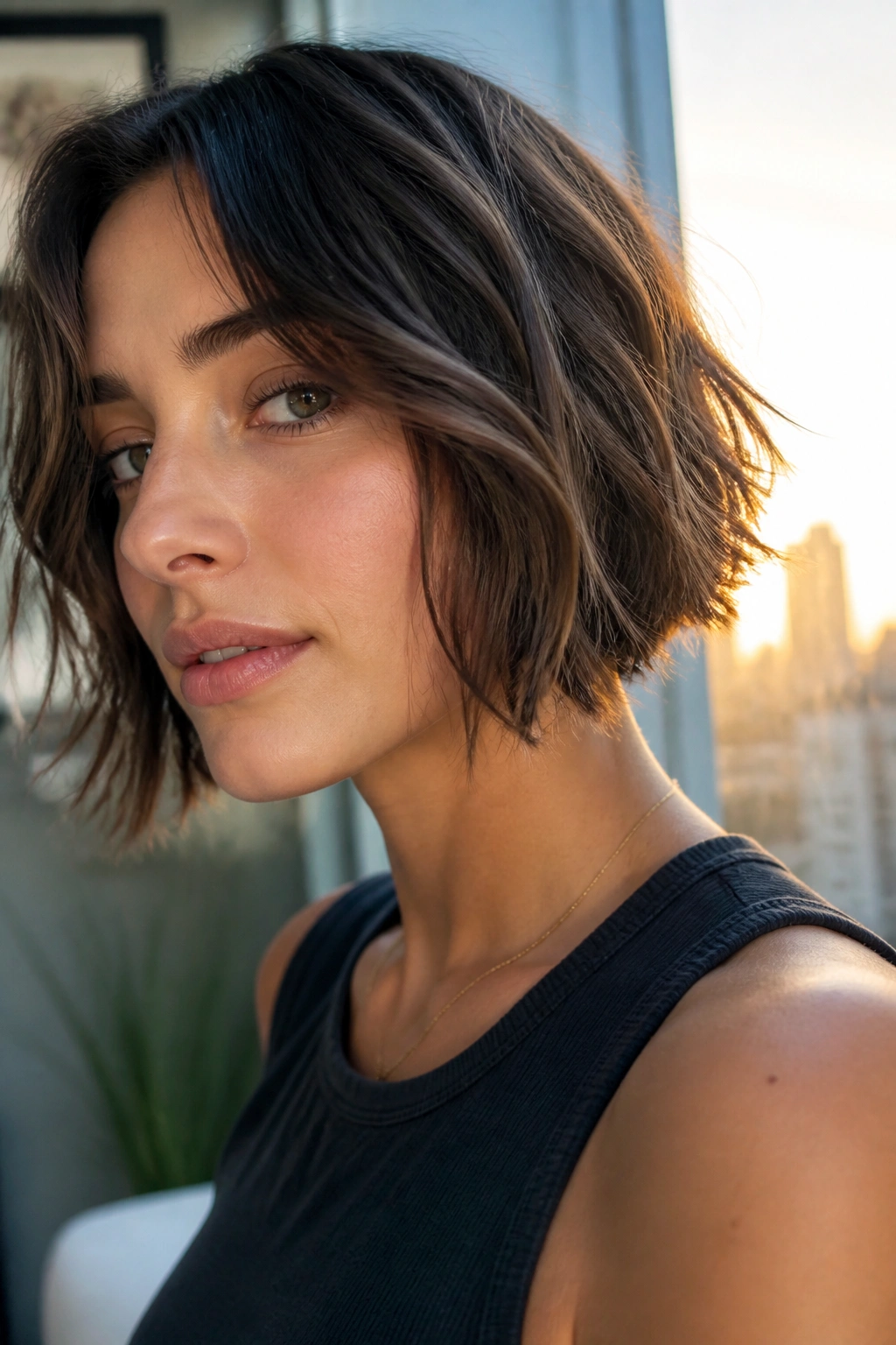 Portrait of a real person with razored bob ends