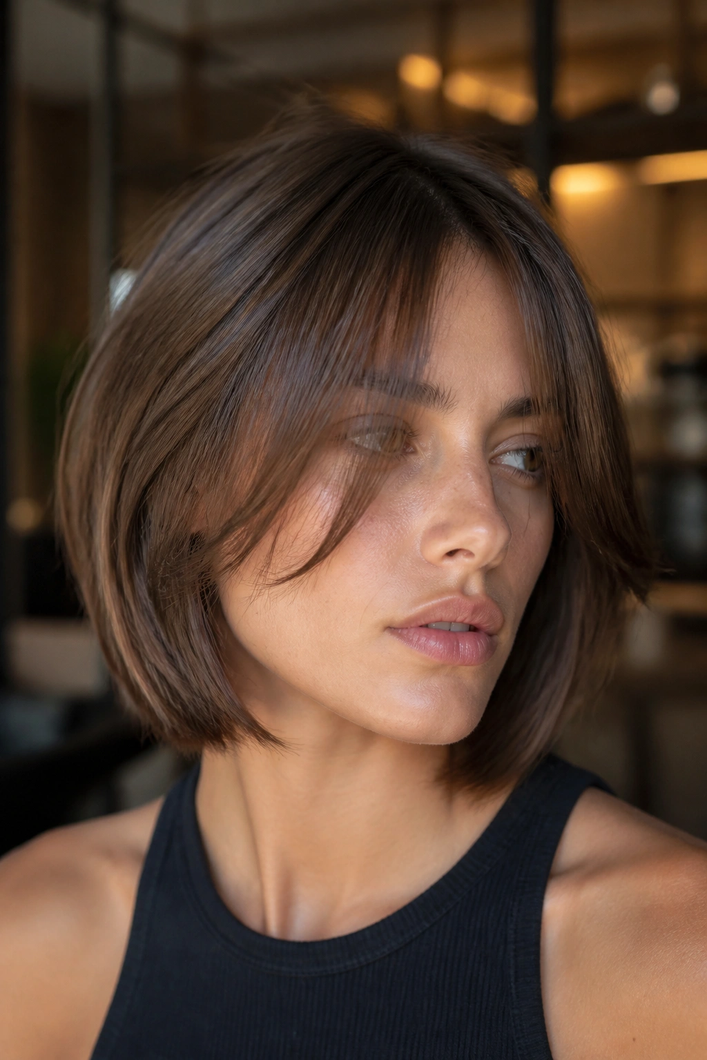 Real woman with razored bob and long face-framing bangs in a modern interior.