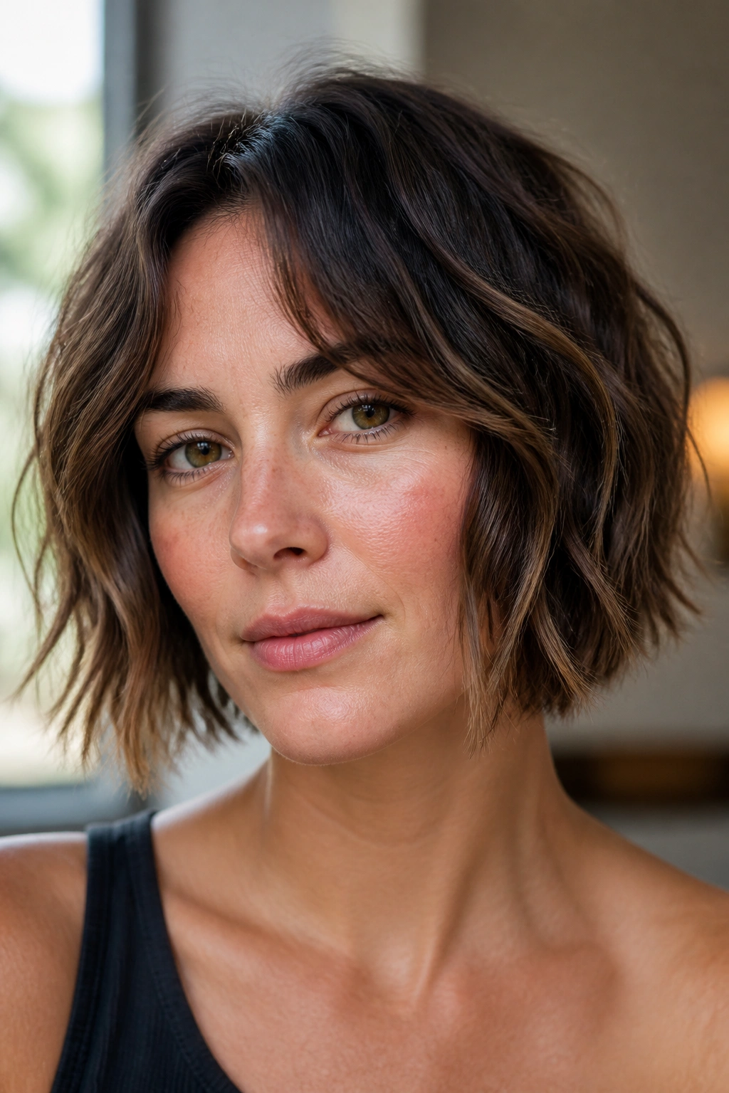 Close-up portrait of a real woman with razor-cut bob and piecey ends.