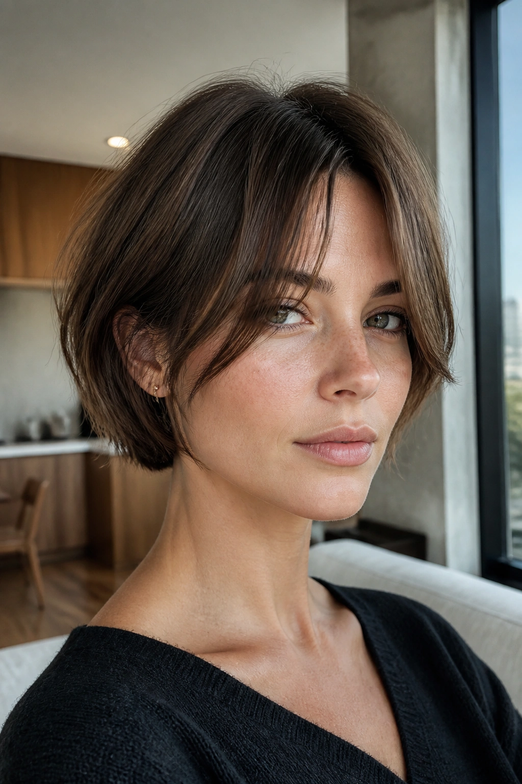 Close-up of a person with a razor-cut bob and separated fringe
