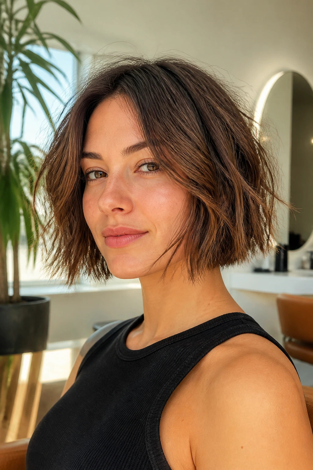 Close-up portrait of a real woman with a razored bob texture and piecey ends in warm window light