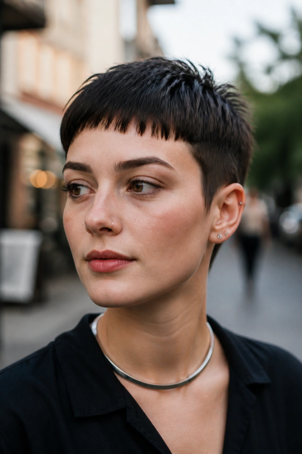 Close-up of a real person with a razored crop and micro fringe.