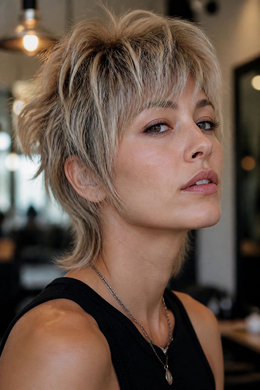 Portrait of a real woman with razored crop wolf cut showing textured frayed ends