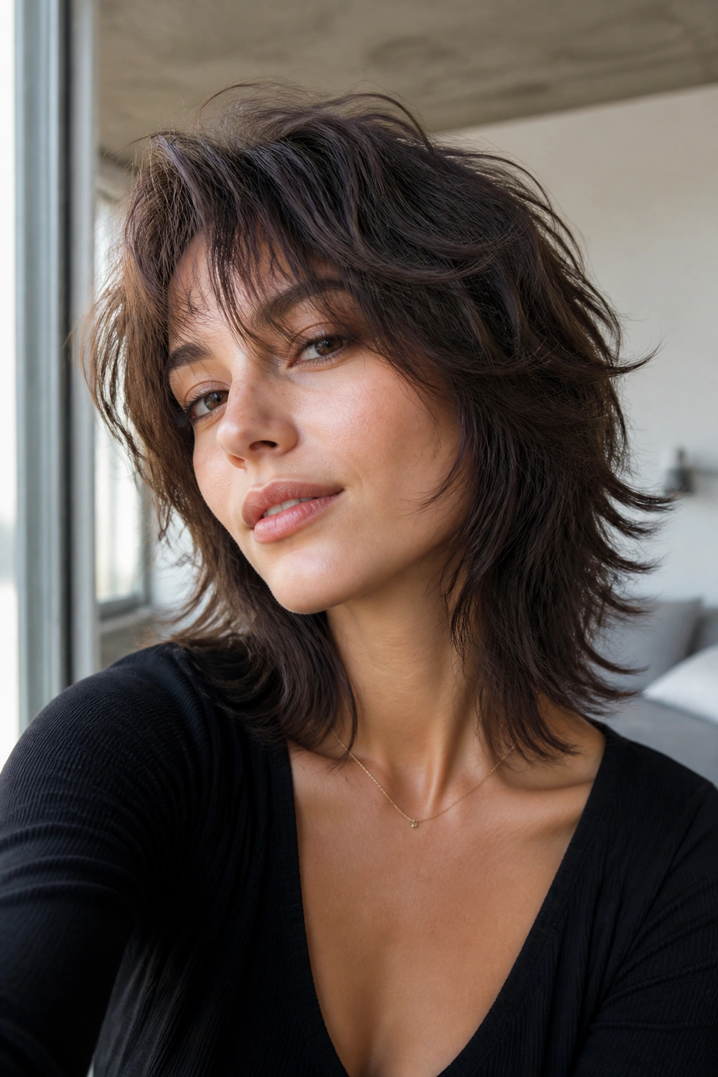 Close-up portrait of a real woman with razor crown wolf cut