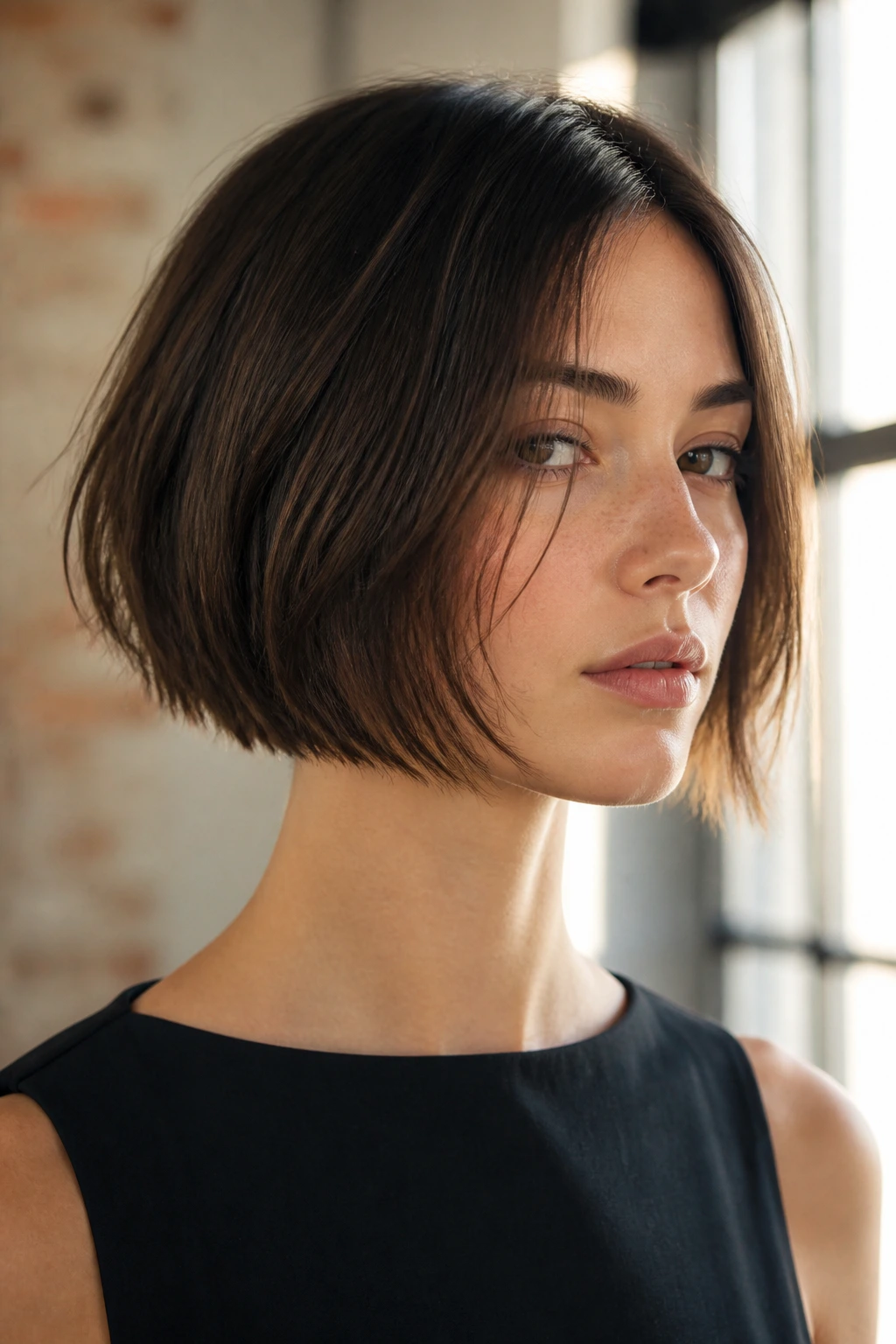 Close-up of a real woman with razor-cut edge bob and feathered ends against a soft loft setting.