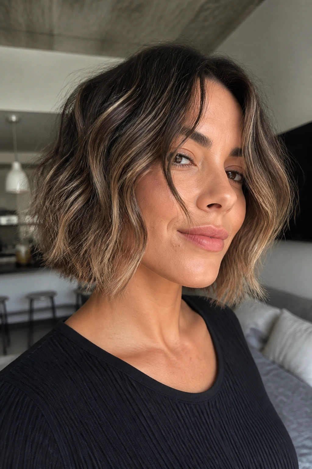 Close-up of a real woman with a razored-end bob